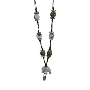 Carved Green Stone Jade-Style Elephant Necklace Knotted Cord Beaded